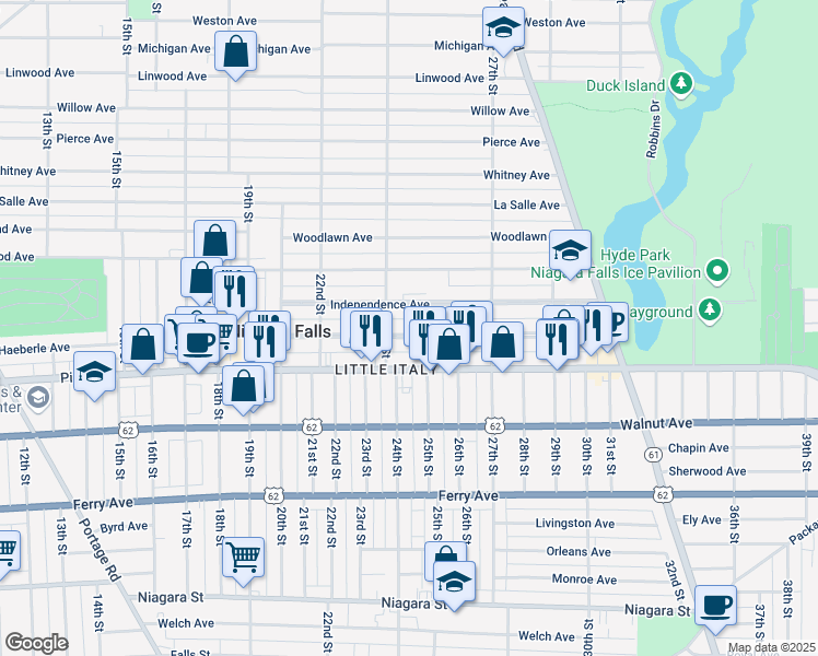 map of restaurants, bars, coffee shops, grocery stores, and more near 2442 Grand Avenue in Niagara Falls