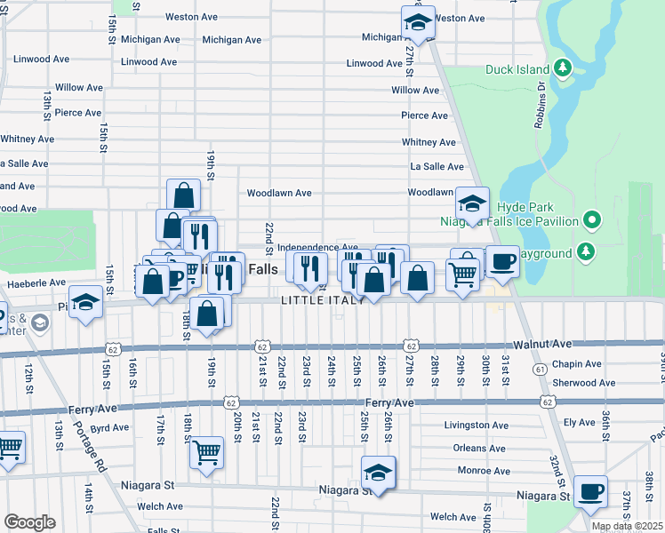 map of restaurants, bars, coffee shops, grocery stores, and more near 2402 Grand Avenue in Niagara Falls