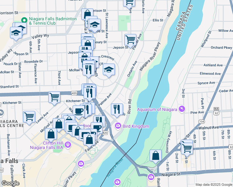 map of restaurants, bars, coffee shops, grocery stores, and more near 5401 Palmer Avenue in Niagara Falls