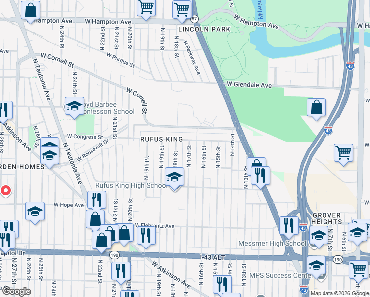 map of restaurants, bars, coffee shops, grocery stores, and more near 4368A North 17th Street in Milwaukee
