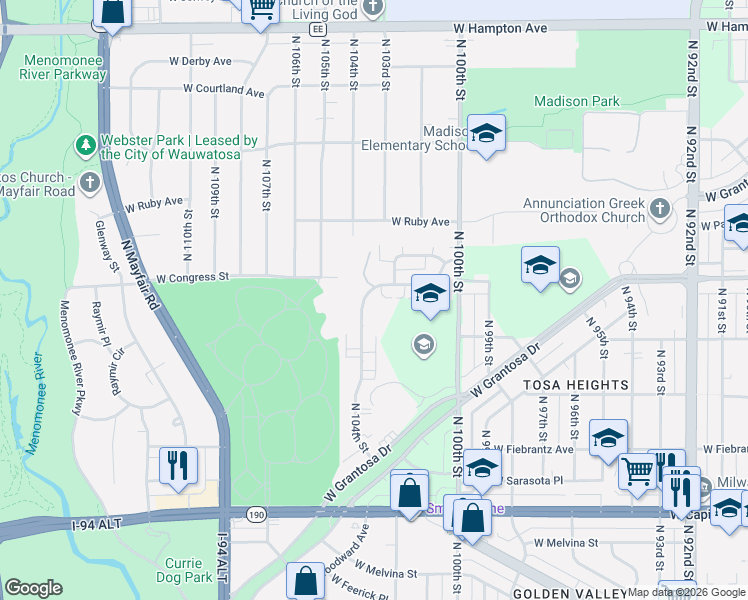 map of restaurants, bars, coffee shops, grocery stores, and more near 10311 West Congress Street in Milwaukee