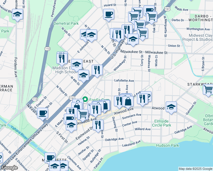 map of restaurants, bars, coffee shops, grocery stores, and more near 137 Division Street in Madison
