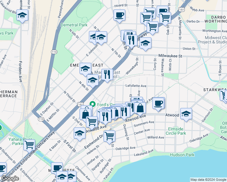 map of restaurants, bars, coffee shops, grocery stores, and more near 137 Division Street in Madison