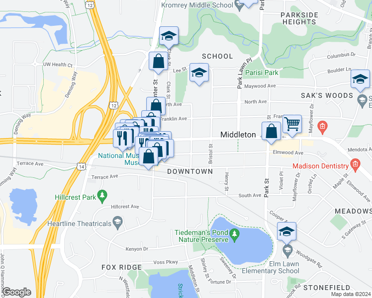 map of restaurants, bars, coffee shops, grocery stores, and more near 7421 University Avenue in Middleton