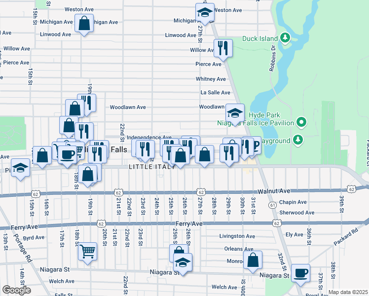 map of restaurants, bars, coffee shops, grocery stores, and more near 2474 Grand Avenue in Niagara Falls
