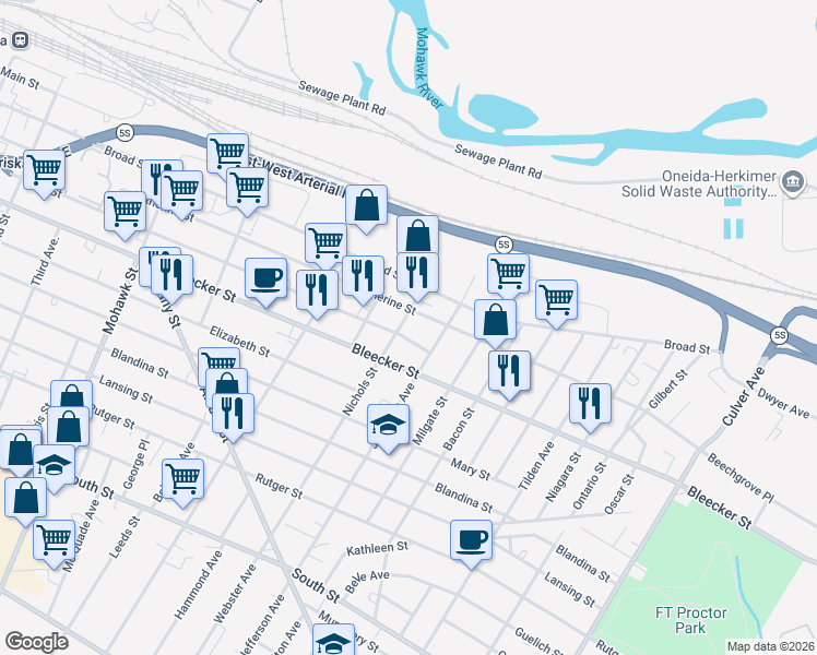 map of restaurants, bars, coffee shops, grocery stores, and more near 301 Nichols Street in Utica