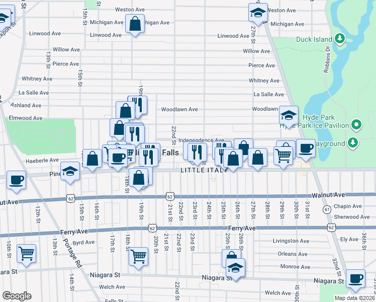 map of restaurants, bars, coffee shops, grocery stores, and more near 2230 Grand Avenue in Niagara Falls