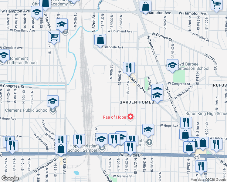 map of restaurants, bars, coffee shops, grocery stores, and more near 4348 North 30th Street in Milwaukee