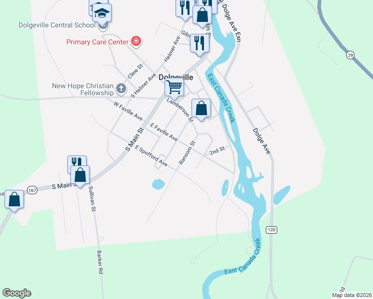 map of restaurants, bars, coffee shops, grocery stores, and more near 40 East Faville Avenue in Dolgeville