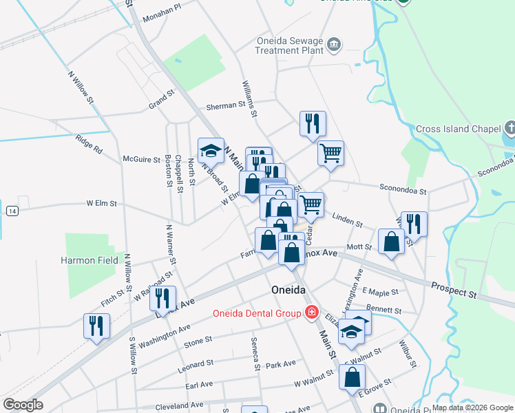 map of restaurants, bars, coffee shops, grocery stores, and more near 109 North Main Street in Oneida