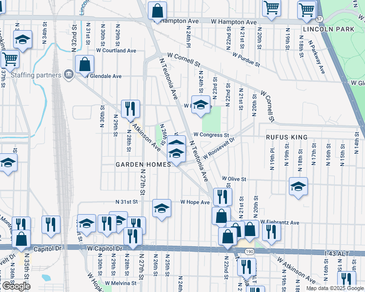 map of restaurants, bars, coffee shops, grocery stores, and more near 4353-4355 North 24th Place in Milwaukee