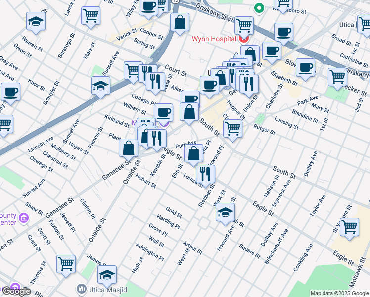 map of restaurants, bars, coffee shops, grocery stores, and more near 1135 Park Ave in Utica