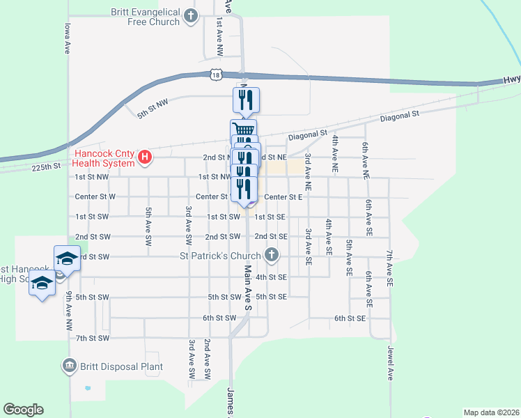 map of restaurants, bars, coffee shops, grocery stores, and more near 2-98 1st Ave SE in Britt