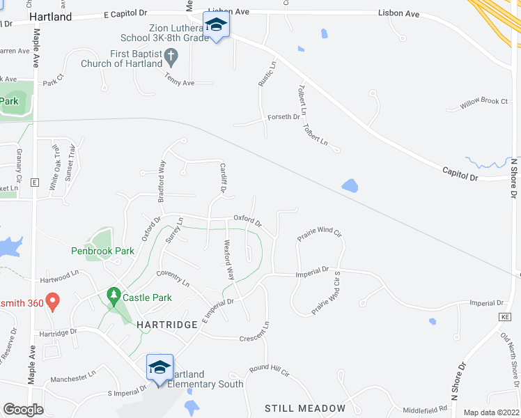 map of restaurants, bars, coffee shops, grocery stores, and more near 734 Mansfield Court in Hartland