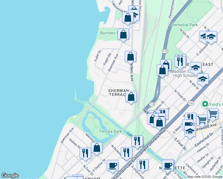 map of restaurants, bars, coffee shops, grocery stores, and more near 24 Sherman Terrace in Madison