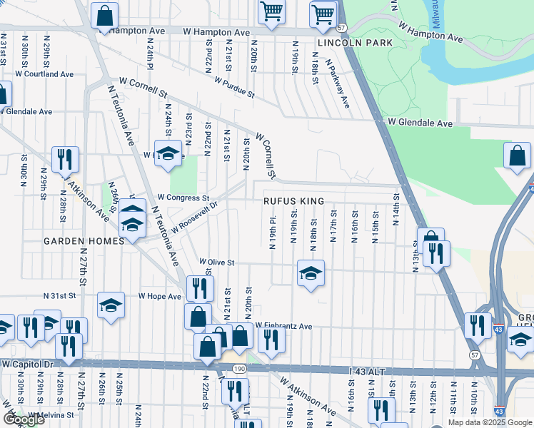 map of restaurants, bars, coffee shops, grocery stores, and more near 4353 North 19th Place in Milwaukee