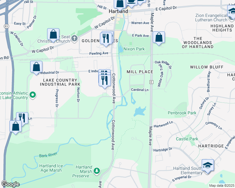 map of restaurants, bars, coffee shops, grocery stores, and more near 100 Cardinal Lane in Hartland