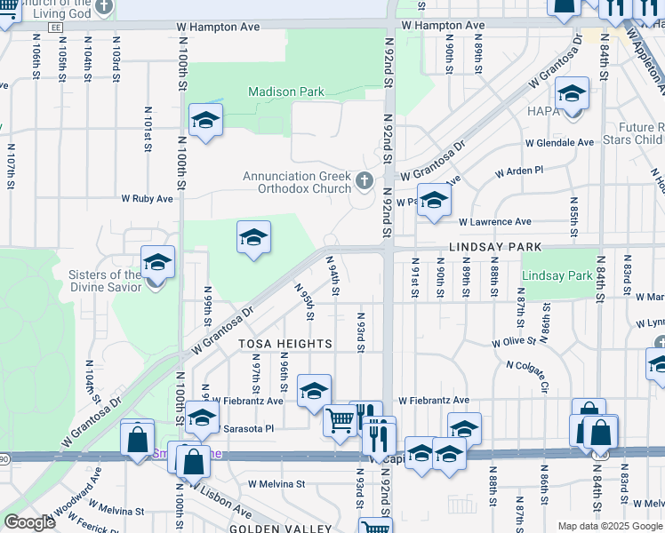 map of restaurants, bars, coffee shops, grocery stores, and more near 4352 North 94th Street in Wauwatosa