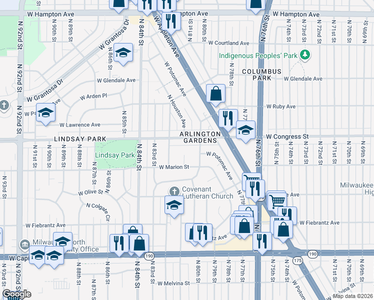 map of restaurants, bars, coffee shops, grocery stores, and more near 4340 North 81st Street in Milwaukee