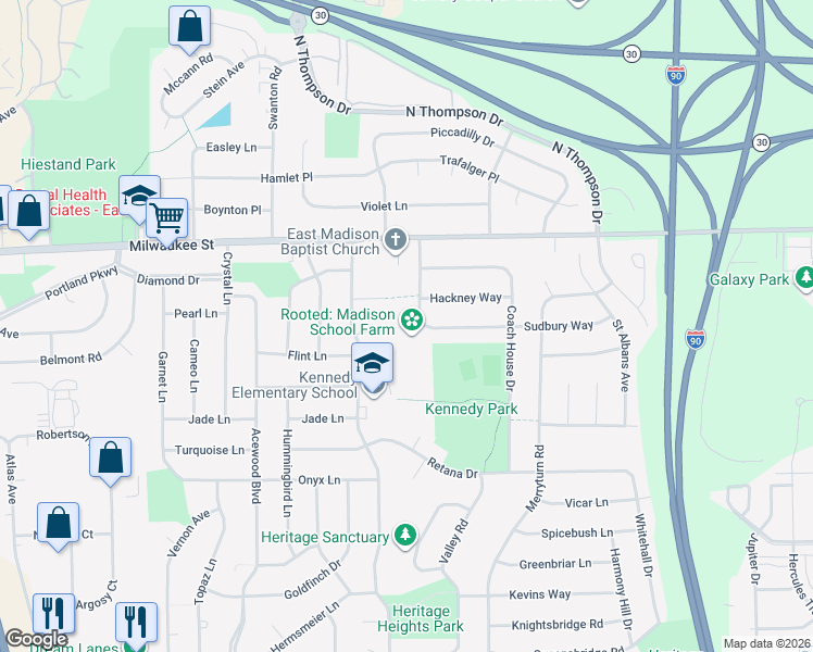 map of restaurants, bars, coffee shops, grocery stores, and more near 5013 Sudbury Way in Madison