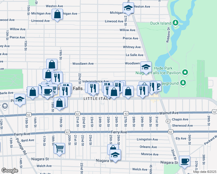 map of restaurants, bars, coffee shops, grocery stores, and more near 2442 Grand Avenue in Niagara Falls