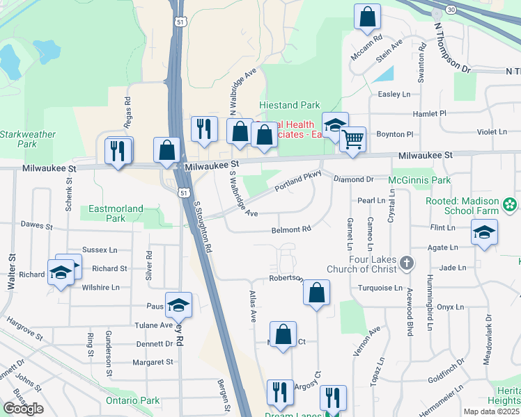 map of restaurants, bars, coffee shops, grocery stores, and more near 125 South Walbridge Avenue in Madison