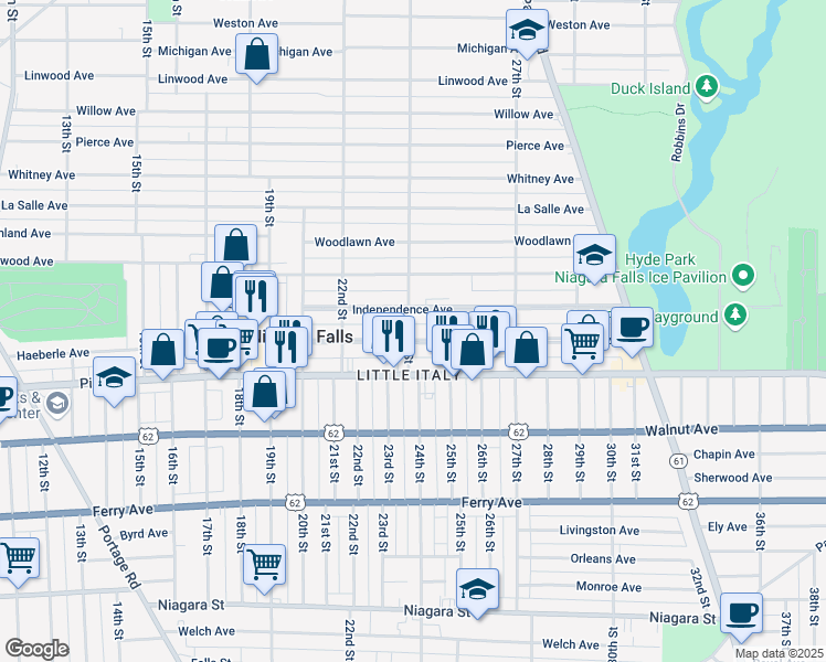map of restaurants, bars, coffee shops, grocery stores, and more near 2402 Grand Avenue in Niagara Falls