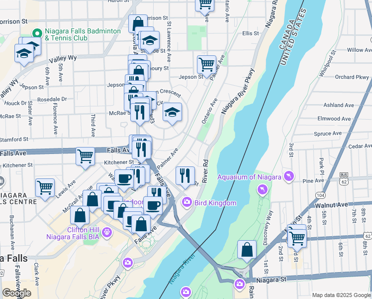 map of restaurants, bars, coffee shops, grocery stores, and more near 5451 Ontario Avenue in Niagara Falls