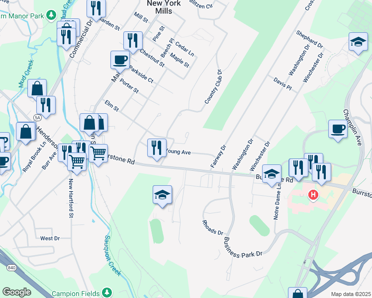 map of restaurants, bars, coffee shops, grocery stores, and more near 57 Young Avenue in New York Mills