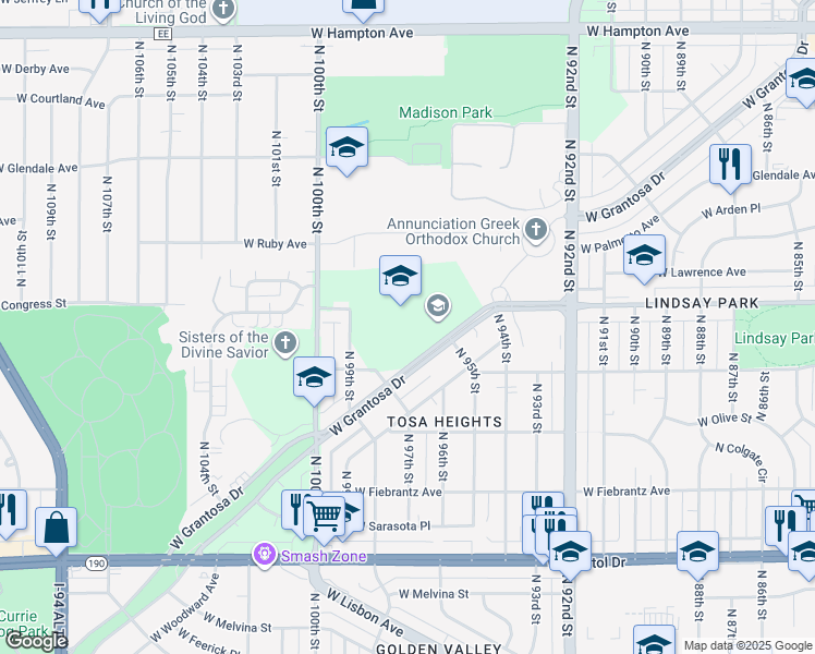 map of restaurants, bars, coffee shops, grocery stores, and more near 9700 West Grantosa Drive in Milwaukee