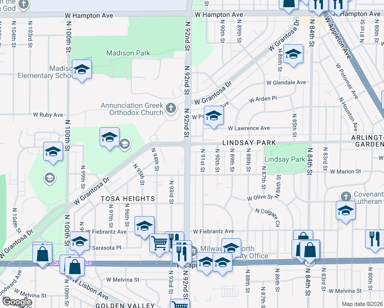 map of restaurants, bars, coffee shops, grocery stores, and more near 4360 North 92nd Street in Milwaukee
