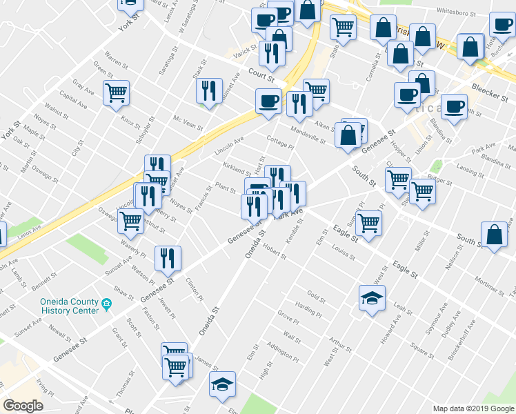 map of restaurants, bars, coffee shops, grocery stores, and more near 503 Plant St in Utica