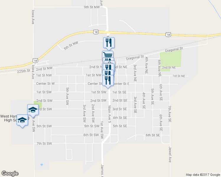 map of restaurants, bars, coffee shops, grocery stores, and more near 98 1st Ave SE in Britt