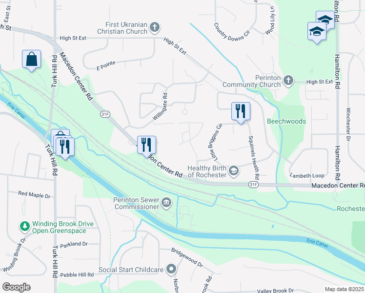 map of restaurants, bars, coffee shops, grocery stores, and more near 47 Hollingham Rise in Fairport