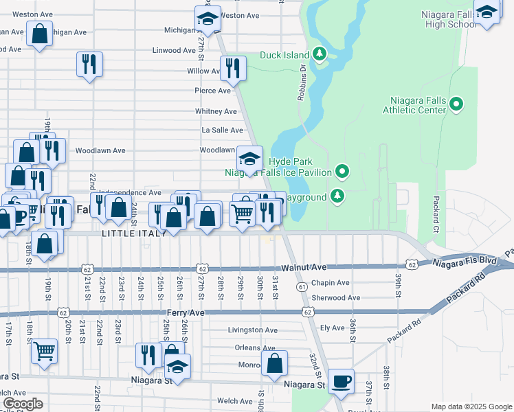 map of restaurants, bars, coffee shops, grocery stores, and more near 2926 Grand Ave in Niagara Falls
