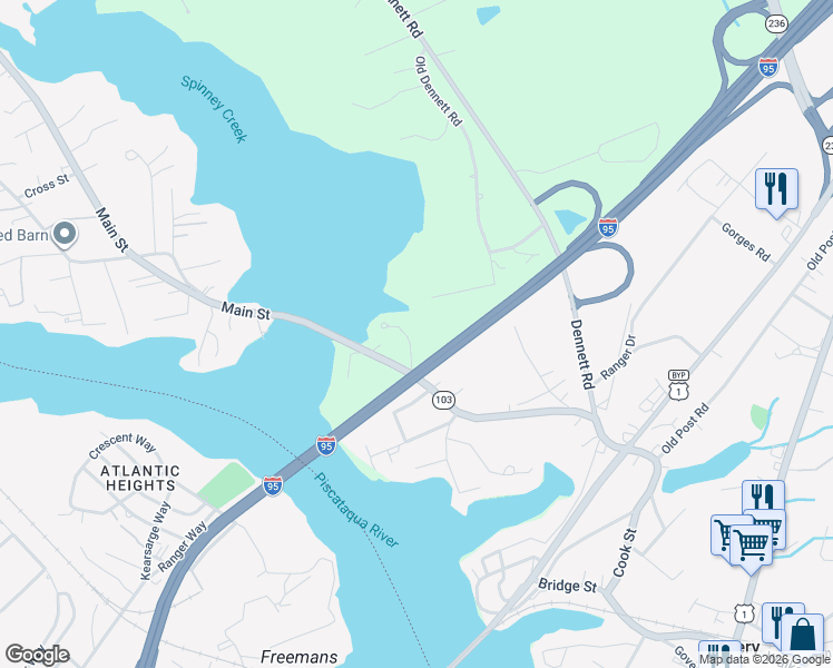 map of restaurants, bars, coffee shops, grocery stores, and more near 10 Bayview Lane in Kittery