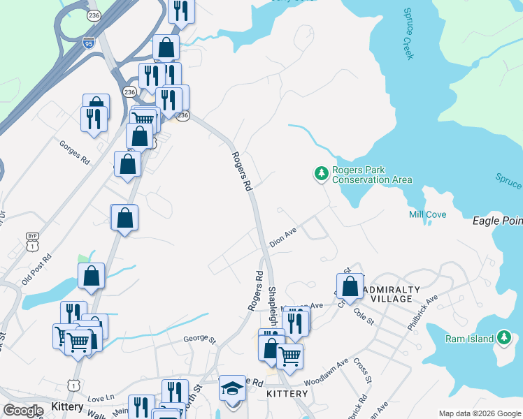 map of restaurants, bars, coffee shops, grocery stores, and more near 118 Rogers Road in Kittery