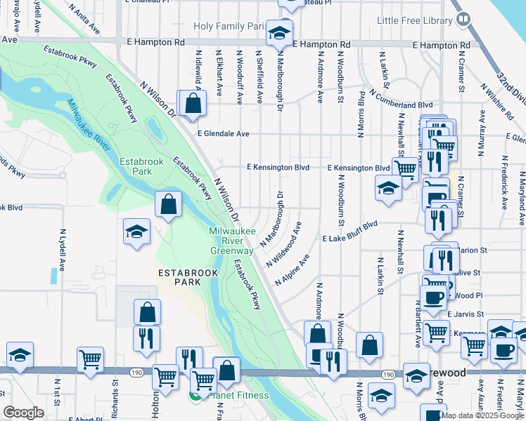 map of restaurants, bars, coffee shops, grocery stores, and more near 4340 North Sheffield Avenue in Shorewood