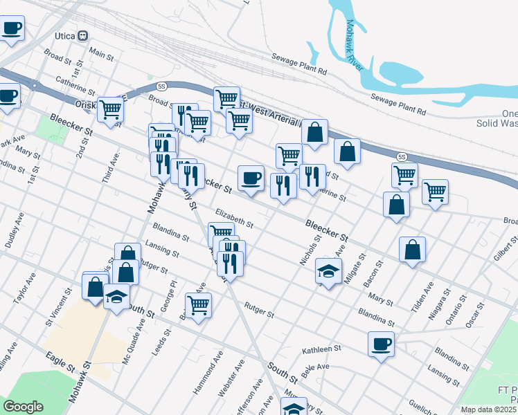 map of restaurants, bars, coffee shops, grocery stores, and more near 850 Bleecker Street in Utica