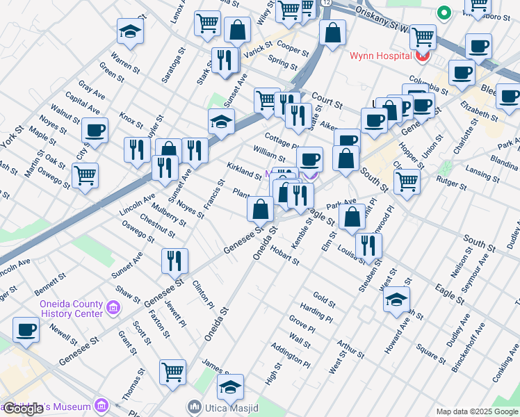 map of restaurants, bars, coffee shops, grocery stores, and more near 503 Plant Street in Utica