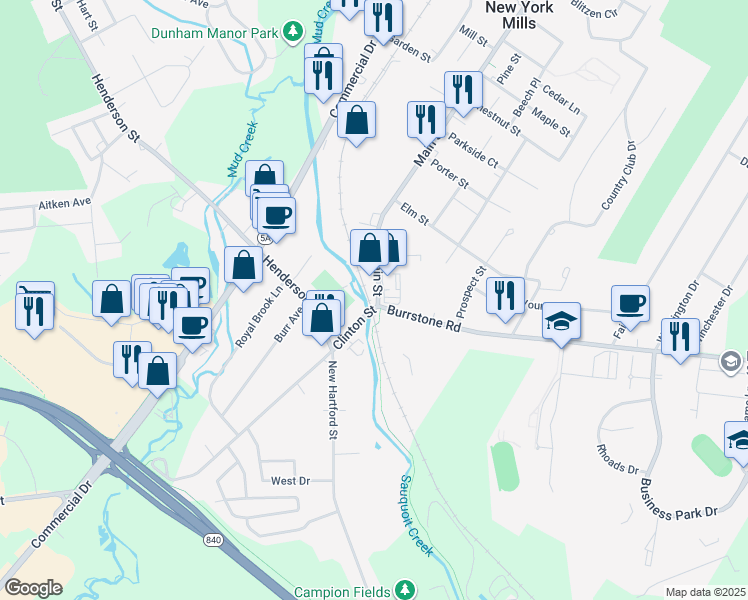 map of restaurants, bars, coffee shops, grocery stores, and more near in New York Mills