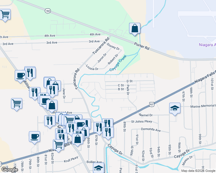 map of restaurants, bars, coffee shops, grocery stores, and more near 906 Sycamore Drive in Niagara Falls