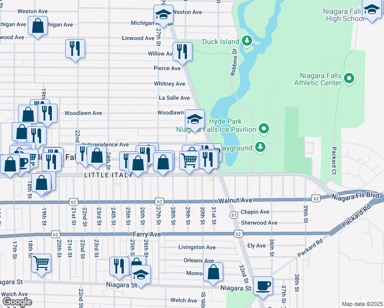 map of restaurants, bars, coffee shops, grocery stores, and more near 2926 Grand Avenue in Niagara Falls