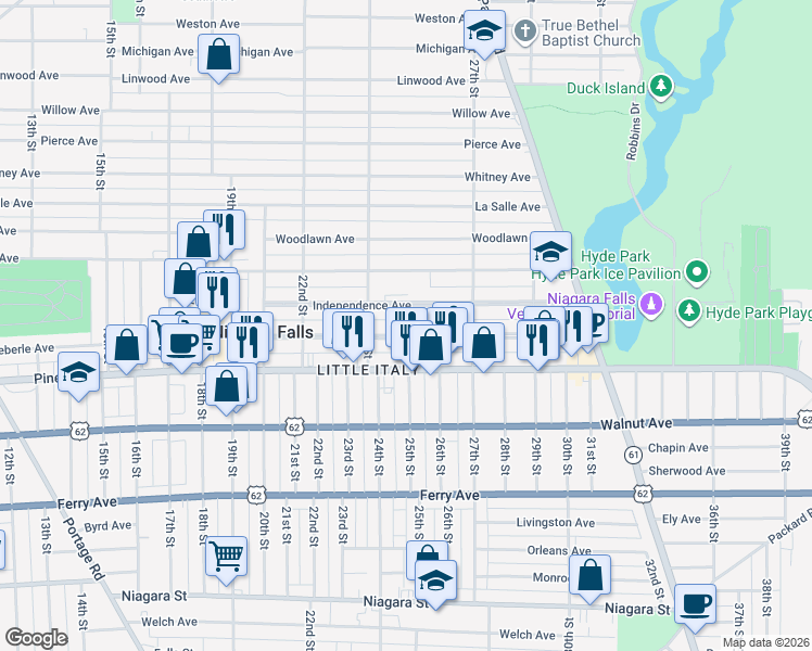 map of restaurants, bars, coffee shops, grocery stores, and more near 2442 Grand Avenue in Niagara Falls