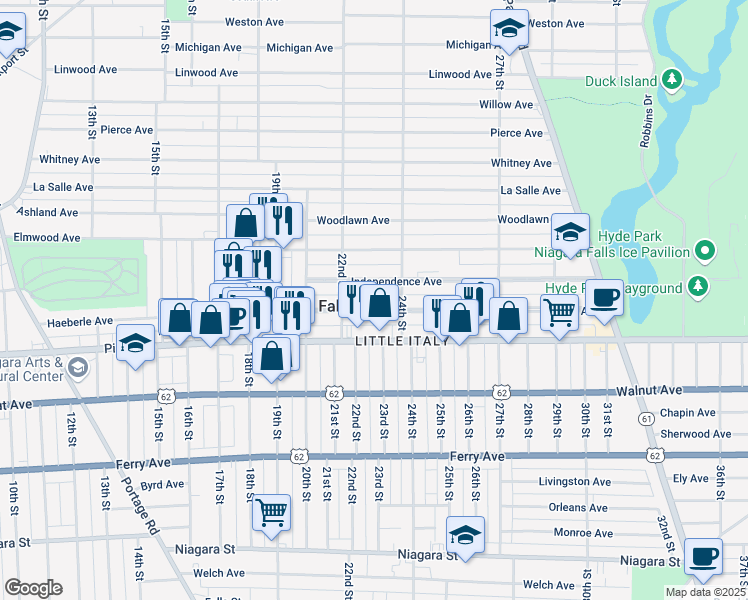 map of restaurants, bars, coffee shops, grocery stores, and more near 2230 Grand Avenue in Niagara Falls