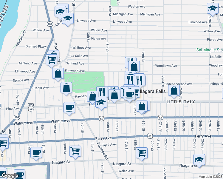 map of restaurants, bars, coffee shops, grocery stores, and more near 752 15th Street in Niagara Falls