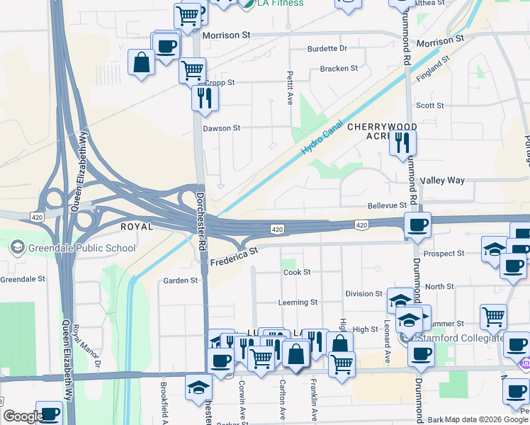 map of restaurants, bars, coffee shops, grocery stores, and more near in Niagara Falls