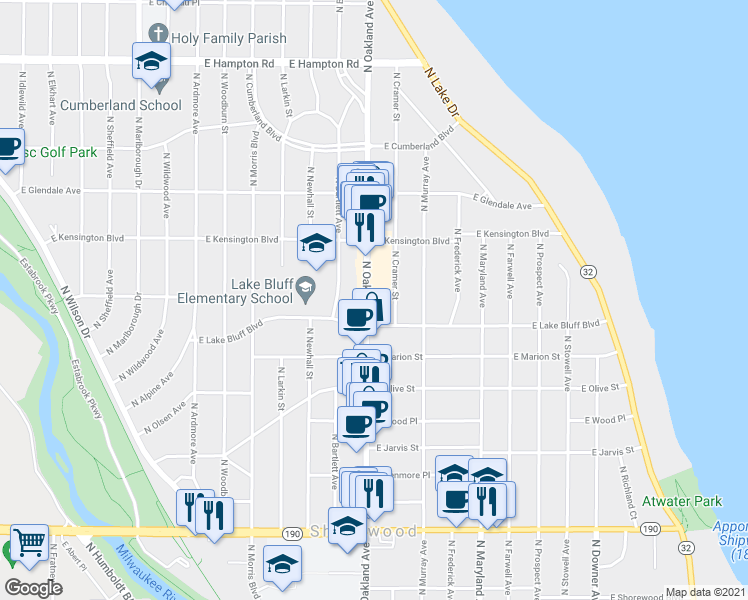 map of restaurants, bars, coffee shops, grocery stores, and more near 4425 North Cramer Street in Shorewood