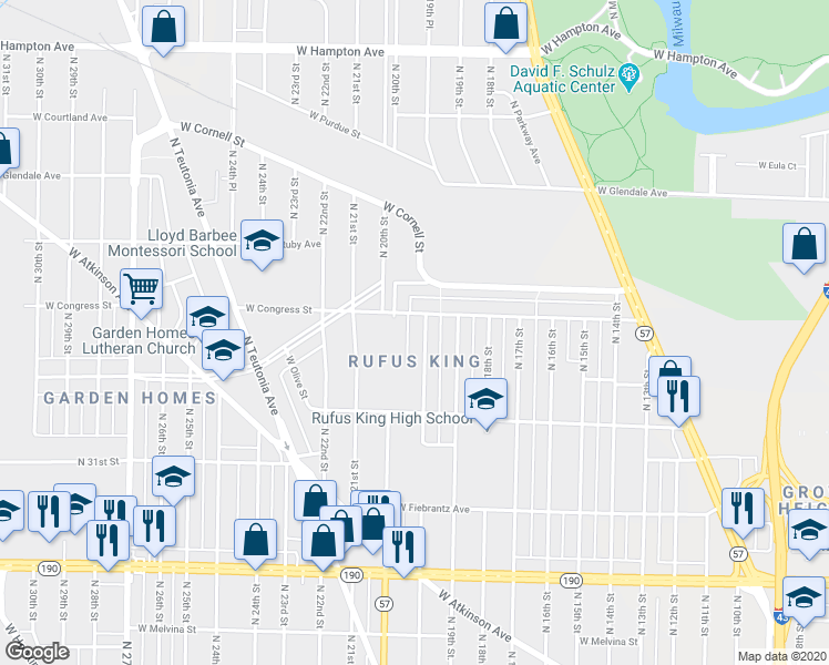 map of restaurants, bars, coffee shops, grocery stores, and more near 4353 North 19th Place in Milwaukee