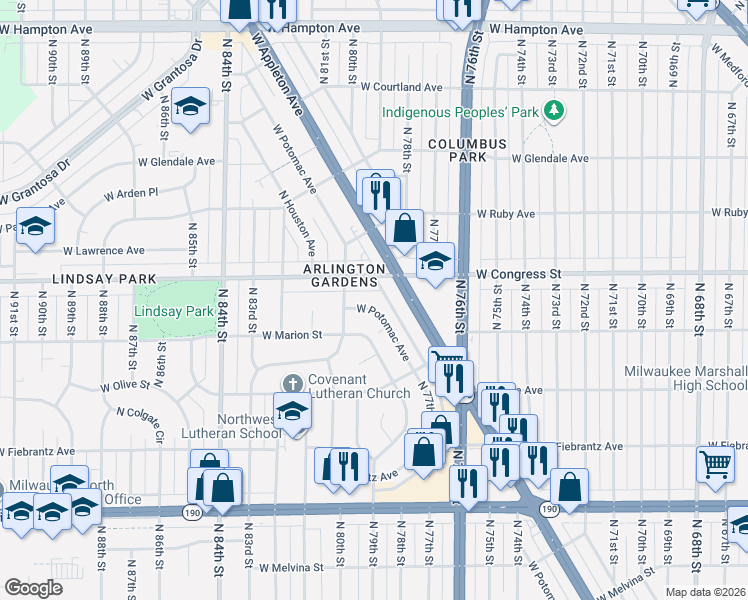 map of restaurants, bars, coffee shops, grocery stores, and more near 7908 West Potomac Avenue in Milwaukee